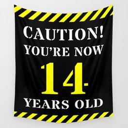 [ Thumbnail: 14th Birthday - Warning Stripes and Stencil Style Text Wall Tapestry ]