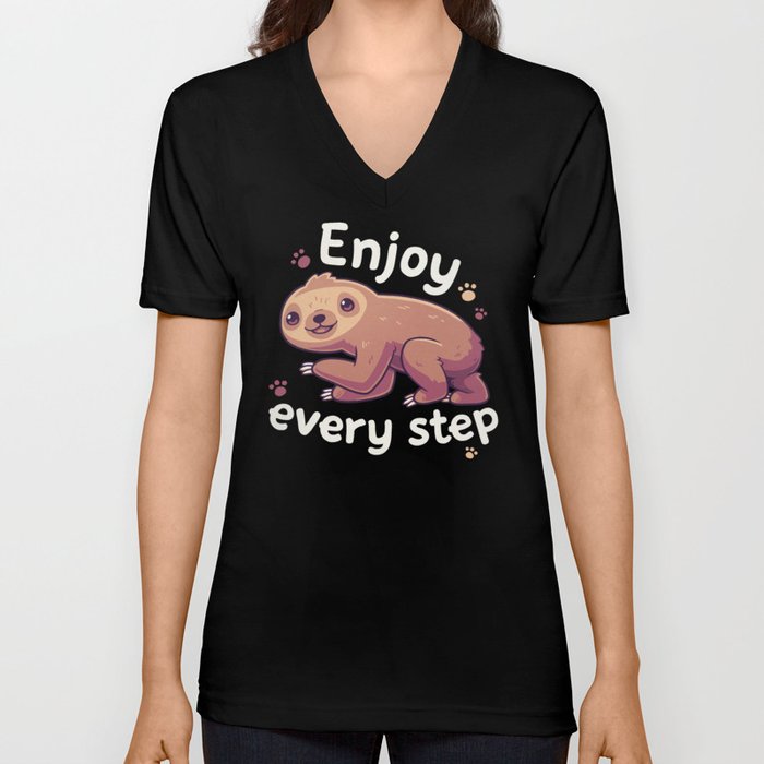 Enjoy Every Step // Motivational Baby Sloth, Kawaii, Positivity V Neck T Shirt