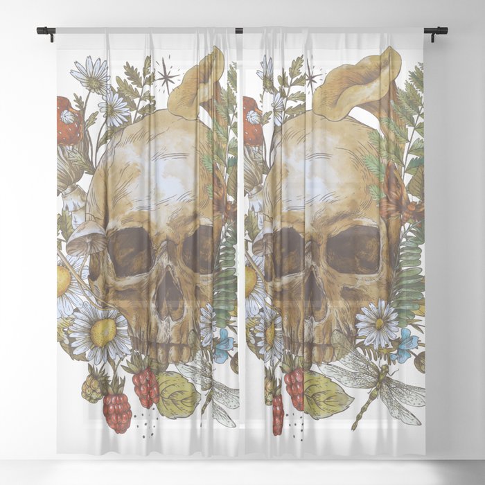 Vintage Floral Skull  Sheer Curtain