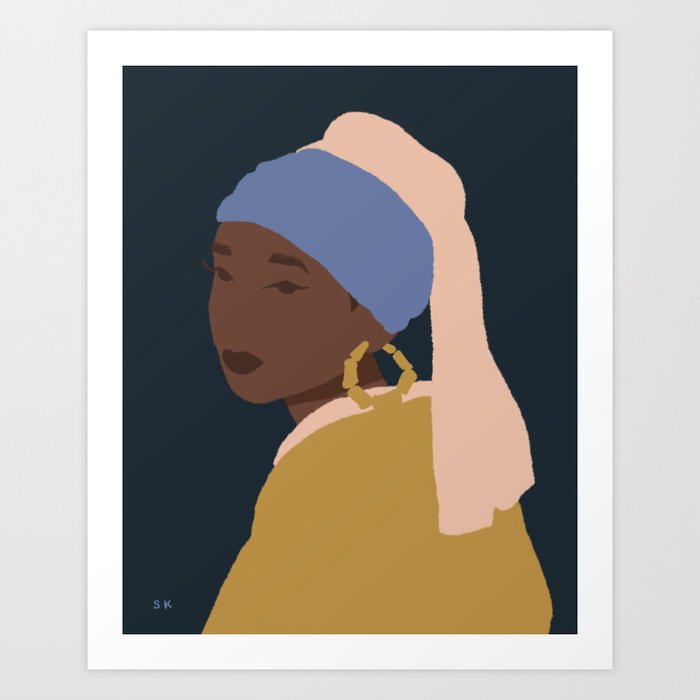 The Girl With A Bamboo Earring Art Print | Drawing, Digital, Illustration, Black, Girl, Earring, Classic, Painting, Sabrena-khadija