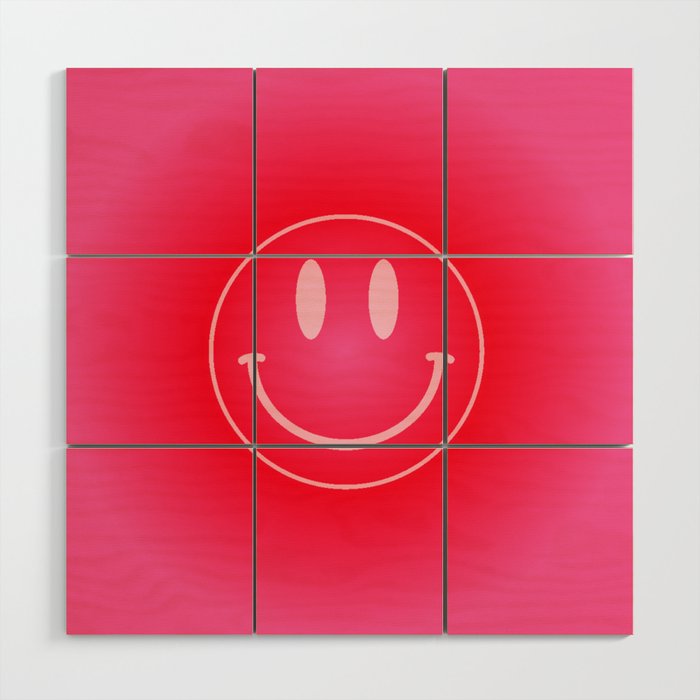 Cute Simple Pink and Red Gradient Background with Smiley Face Wood Wall Art