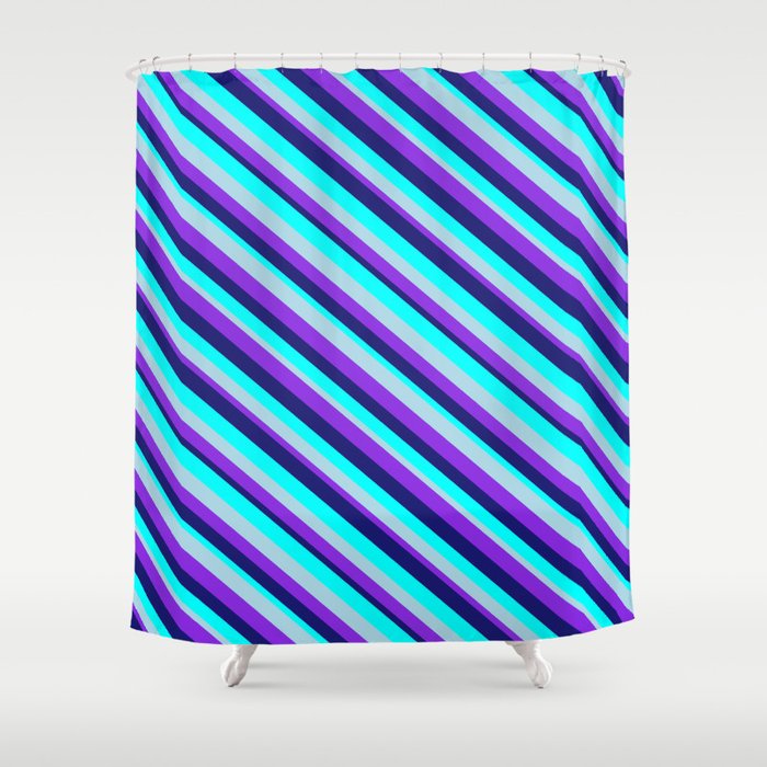 Midnight Blue, Aqua, Light Blue, and Purple Colored Lined/Striped Pattern Shower Curtain