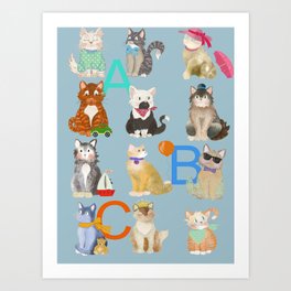 Gray Tabby Cat - Animal Pattern for Kids blue-gray backdrop Art Print