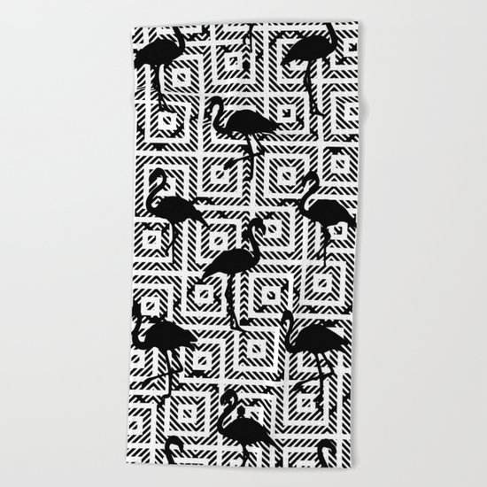 B&W Geometric Flamingos #society6 #decor #buyart Beach Towel