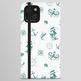 Green Blue Silhouettes Of Vintage Nautical Pattern iPhone Wallet Case
