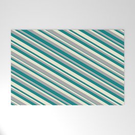 [ Thumbnail: Beige, Dark Gray, and Teal Colored Pattern of Stripes Welcome Mat ]