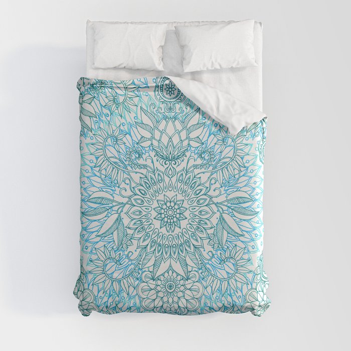 Turquoise Blue, Teal & White Protea Doodle Pattern Duvet Cover