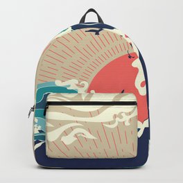 Abstract big waves of ocean and island at sunset landscape Backpack | Design, Sea, Japanese, Asian, Water, Surf, Seaside, Seascape, Island, Wave 