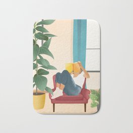 On the pages of a book Bath Mat | Sofa, Library, Girl, Student, Watercolor, Adventure, Painting, Leaf, Book, Fgd 