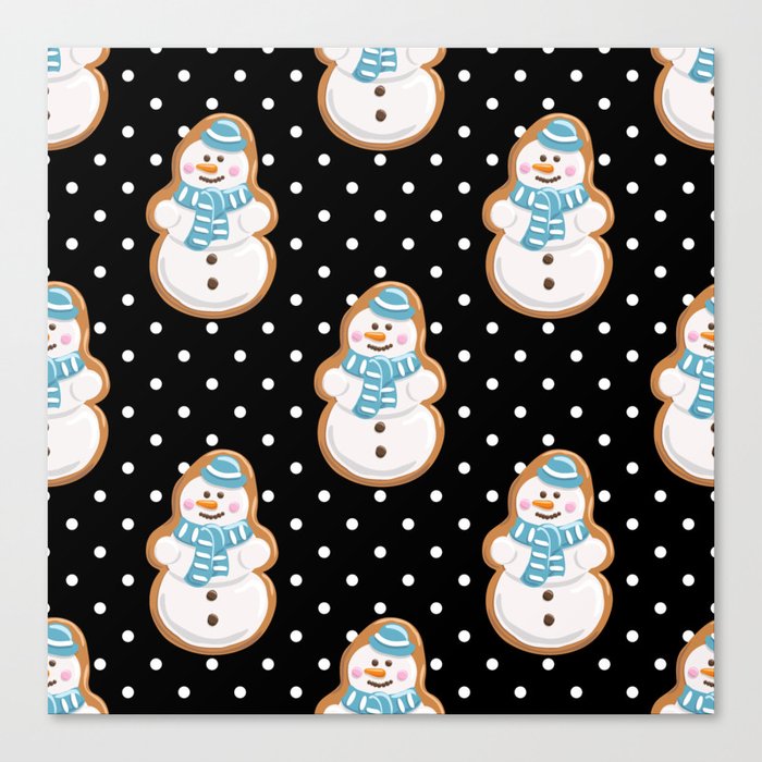 Christmas Gingerbread Seamless Pattern. Snowman Ginger Cookies on Polka Dot Black Background Canvas Print