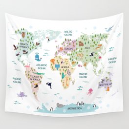 Nursery Animal World Map in Pastels Wall Tapestry