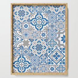 Blue and Gray Heritage Vintage Traditional Moroccan Zellij Zellige Tiles Style Serving Tray