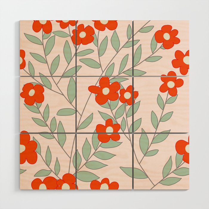 Sweet red floral seamless pattern design with mint green leaves on pink  Wood Wall Art