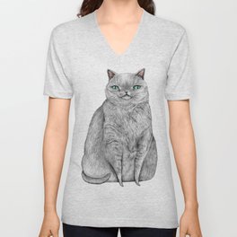 Grey Cat V Neck T Shirt