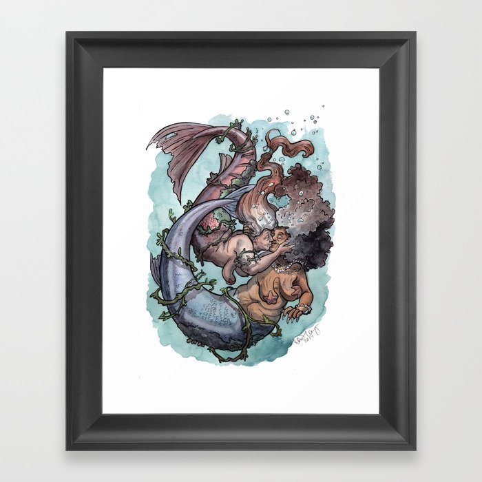 Old lady mermaids smooching Framed Art Print