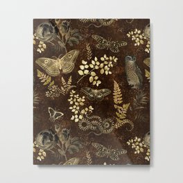 Dark Night in The Wood  Metal Print | Owl, Moth, Wildlife, Dark, Wood, Fern, Illustration, Vintage, Night, Snake 