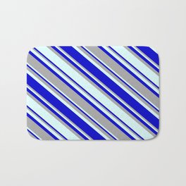 [ Thumbnail: Blue, Dark Grey & Light Cyan Colored Pattern of Stripes Bath Mat ]