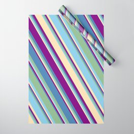 [ Thumbnail: Eyecatching Blue, Dark Sea Green, Sky Blue, Beige, and Purple Colored Lines Pattern Wrapping Paper ]