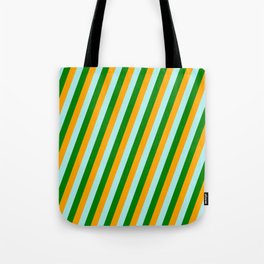 [ Thumbnail: Orange, Turquoise, and Green Colored Lined Pattern Tote Bag ]