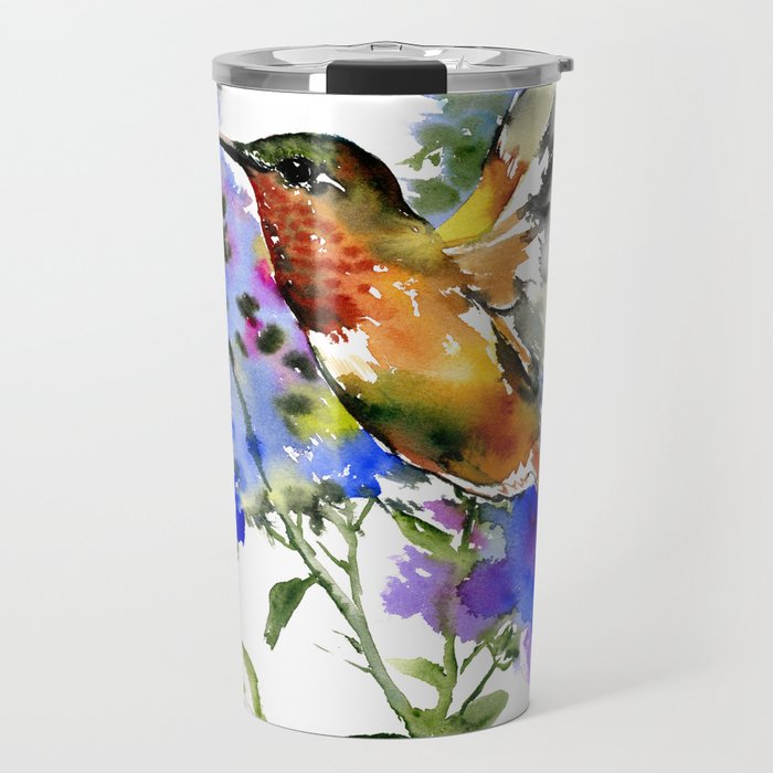 Alen's Hummingbird and Blue Flowers, floral bird design birds, watercolor floral bird art Travel Mug