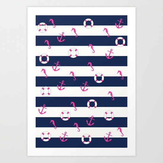 Nautical Stripes (hot pink & navy) Art Print