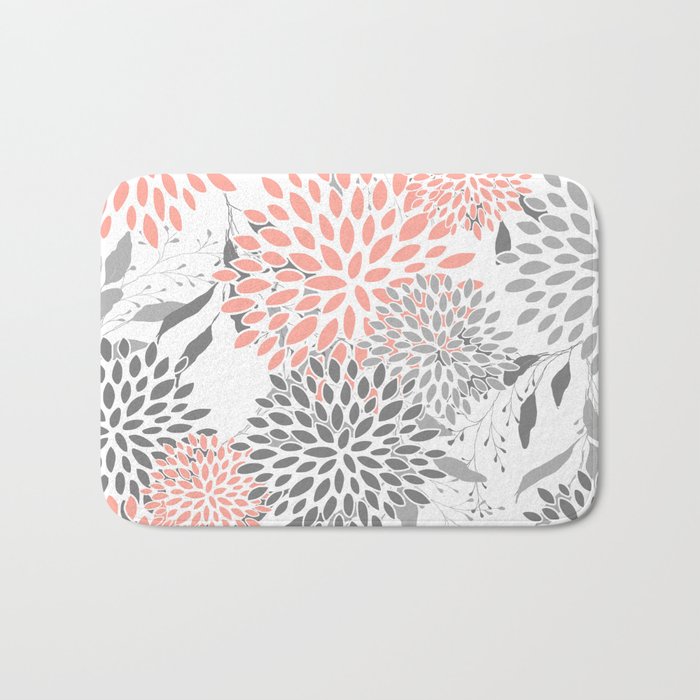 Festive, Floral Prints, Leaves and Blooms, Coral and Gray Bath Mat