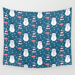 Christmas Pattern White Blue Snowman Leaf Wall Tapestry