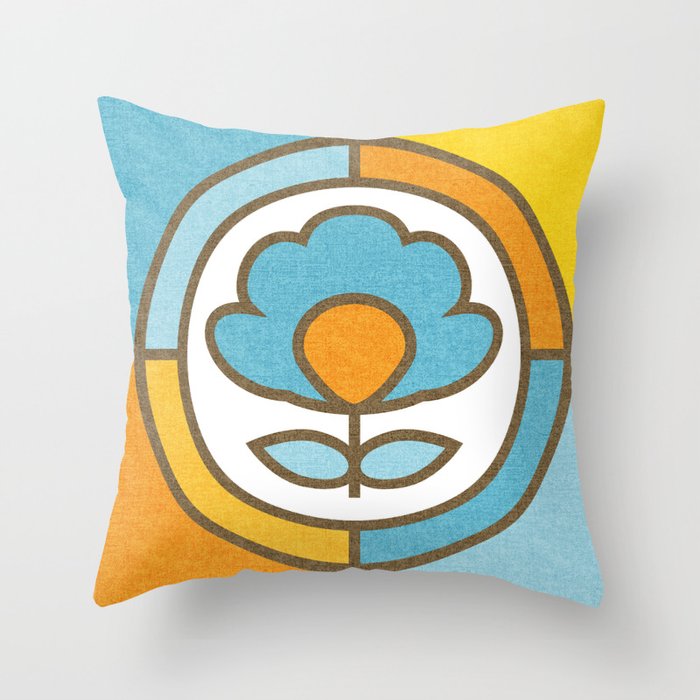 MCM Flower Tile Geometric Pattern // Turquoise Blue, Sky Blue, Marigold Orange, Yellow, Brown, White Throw Pillow