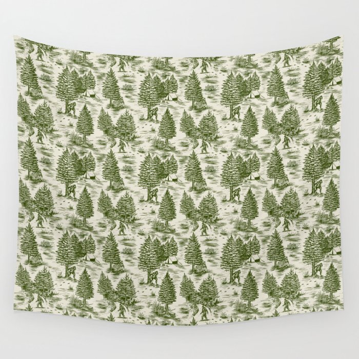 Bigfoot / Sasquatch Toile de Jouy in Forest Green Wall Tapestry
