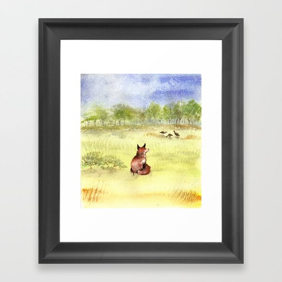 Red Fox Watching Wild Turkeys - Watercolor Framed Art Print