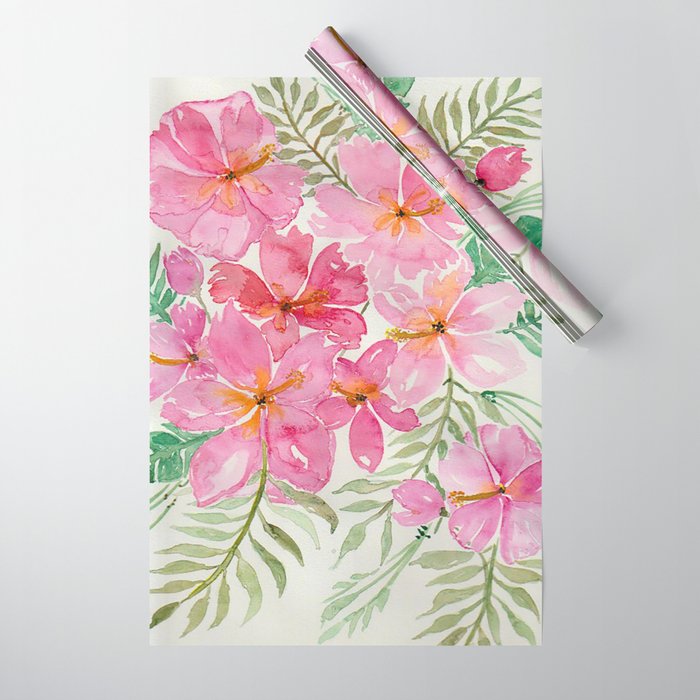 Tropical Pink Hibiscus Watercolor Flowers Wrapping Paper by