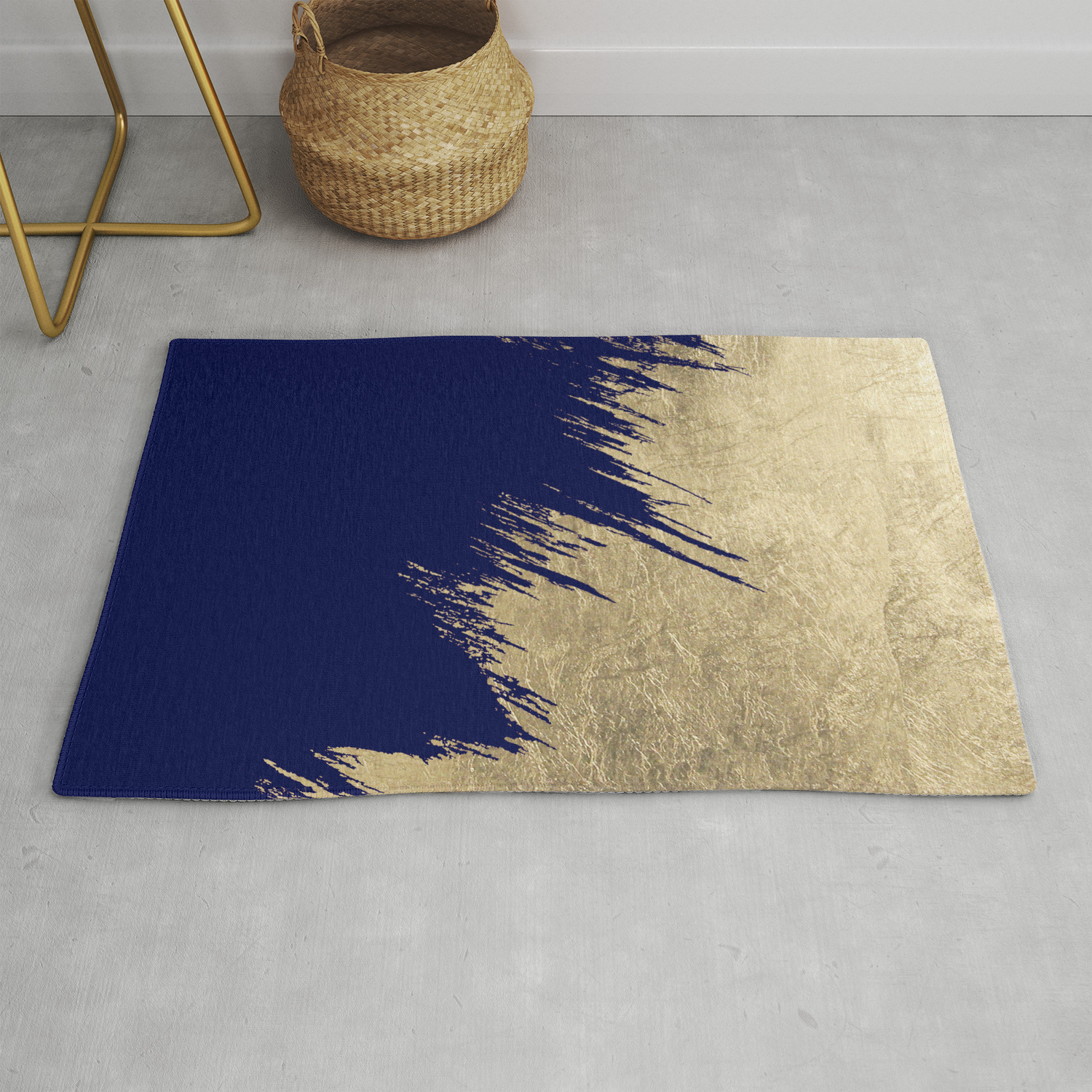 Navy Blue Abstract Faux Gold Brushstrokes Rug By Pink Water Society6