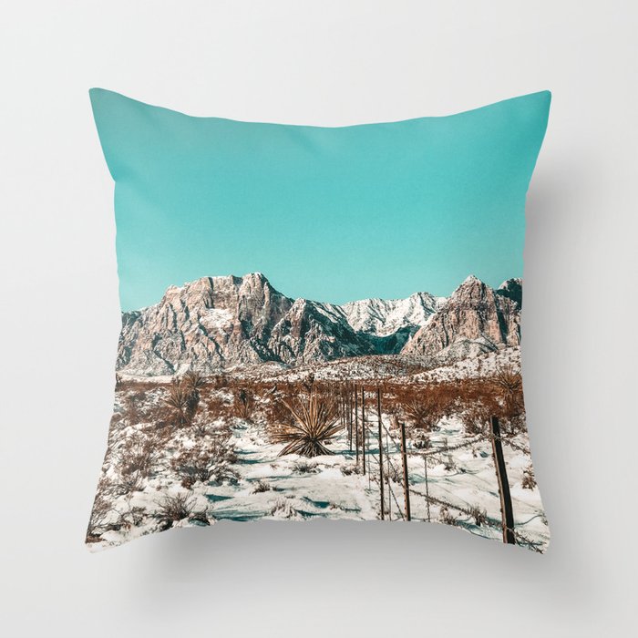 Vintage Desert Fence // Red Rock Canyon Winter Snow Mountain Range Landscape Photograph Throw Pillow