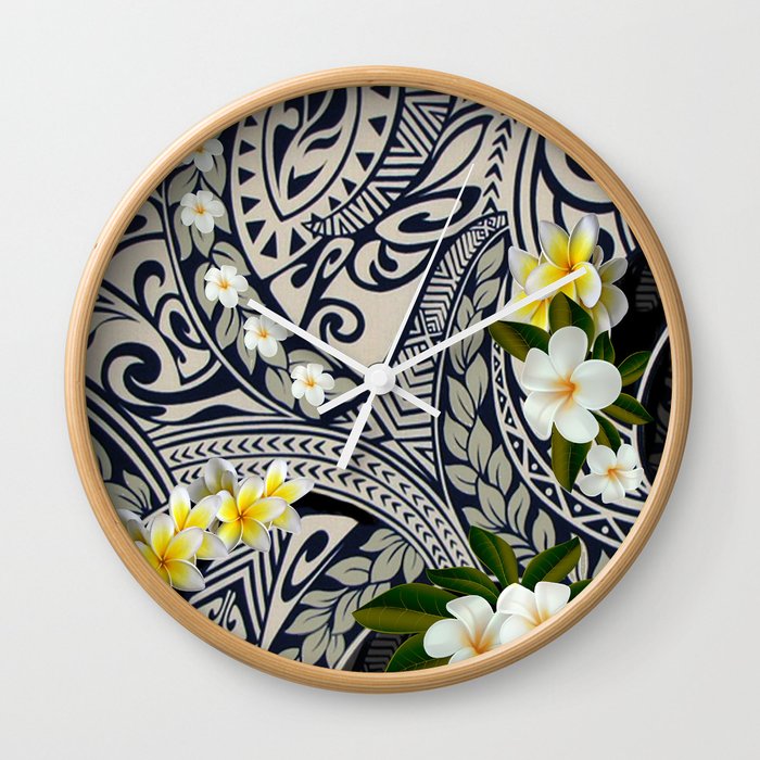 Traditional Hawaiian Tapa and Plumeria Wall Clock