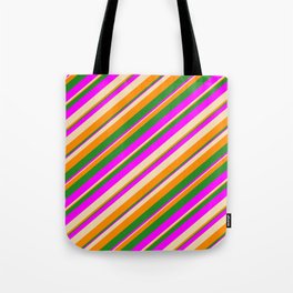 [ Thumbnail: Tan, Dark Orange, Forest Green, and Fuchsia Colored Striped Pattern Tote Bag ]