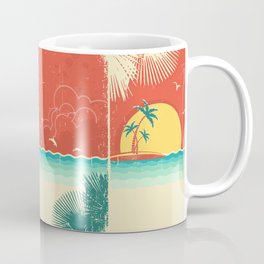 Vintage nature tropical seascape background with island and palms decoration on old paper poster texture.  Mug
