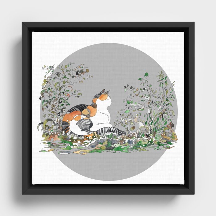 Calico Cat In The Garden Framed Canvas