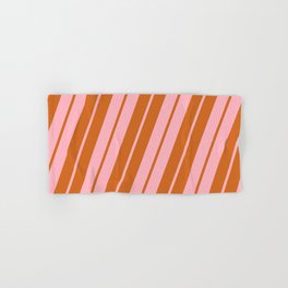 [ Thumbnail: Light Pink and Chocolate Colored Lined Pattern Hand & Bath Towel ]