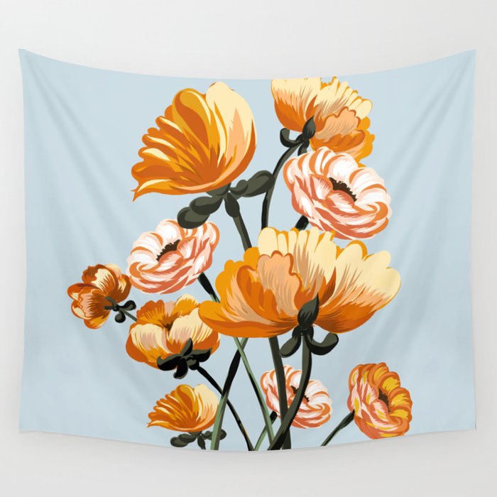 California poppies, Spring flowers warm colors, Wall Tapestry