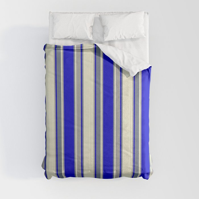 Beige, Dark Grey, Blue, and Slate Gray Colored Pattern of Stripes Comforter
