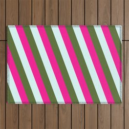 [ Thumbnail: Light Cyan, Dark Olive Green, and Deep Pink Colored Lines/Stripes Pattern Outdoor Rug ]