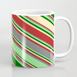 [ Thumbnail: Eyecatching Grey, Green, Dark Green, Beige, and Red Colored Lines Pattern Coffee Mug ]