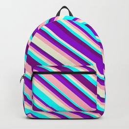 [ Thumbnail: Dark Violet, Light Pink, Beige, Cyan, and Purple Colored Lines Pattern Backpack ]