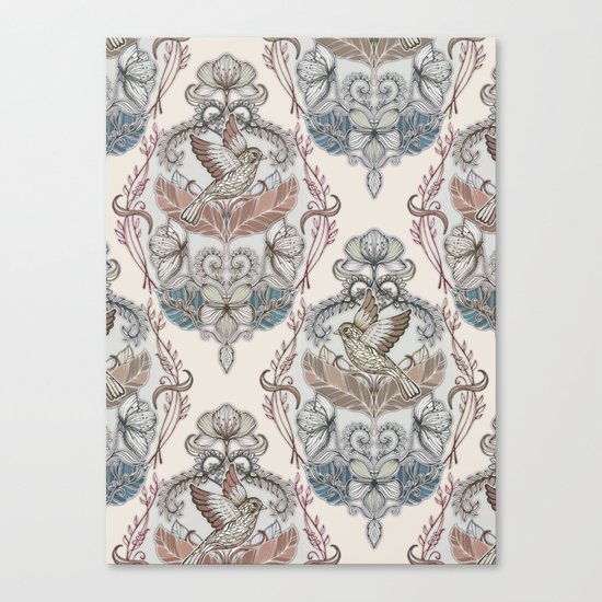 Woodland Birds - hand drawn vintage illustration pattern in neutral colors Canvas Print