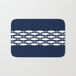 Fish Stripe 6 Minimalist Midcentury Modern Ocean Pattern in White and Nautical Navy Blue Bath Mat