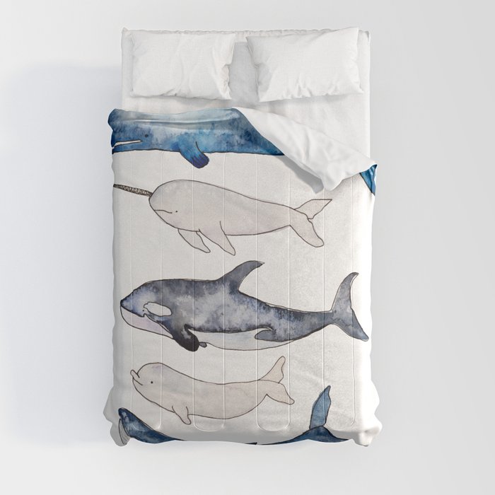 Watercolor orca whale, spermwhale, humpback, narwhal, beluga whales Comforter