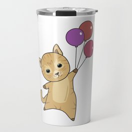 Cat Flies Up With Colorful Balloons Travel Mug