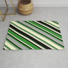 [ Thumbnail: Forest Green, Dark Grey, Light Yellow, and Black Colored Pattern of Stripes Rug ]