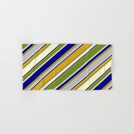 [ Thumbnail: Eyecatching Blue, Goldenrod, Green, Grey & Light Yellow Colored Pattern of Stripes Hand & Bath Towel ]
