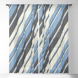 [ Thumbnail: Beige, Blue & Black Colored Pattern of Stripes Sheer Curtain ]